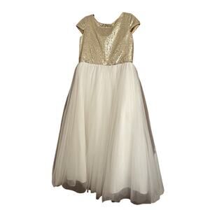 Custom Gold Sequin Cap Sleeve Bodice With Tulle Skirt, Double Lined Formal Zip